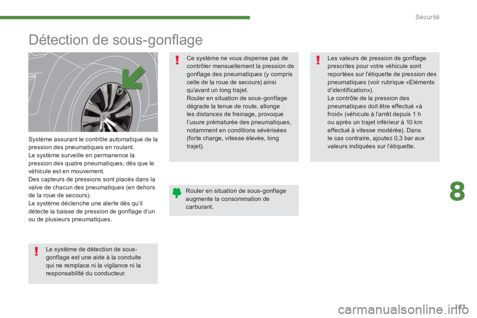 PEUGEOT 5008 2014  Manuel du propriétaire (in French) 8
Sécurité
153
   
 
 
 
 
 
 
 
Détection de sous-gonﬂ age  
 
 
Système assurant le contrôle automatique de la 
pression des pneumatiques en roulant. 
  Le système sur veille en permanence l