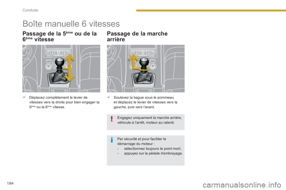 PEUGEOT 5008 2014  Manuel du propriétaire (in French) Conduite
184
   
 
 
 
 
 
 
 
Boîte manuelle 6 vitesses 
 
 
Passage de la 5 ème 
 ou de la 
6 ème   vitesse 
 
 
 
�) 
  Soulevez la bague sous le pommeau 
et déplacez le levier de vitesses vers