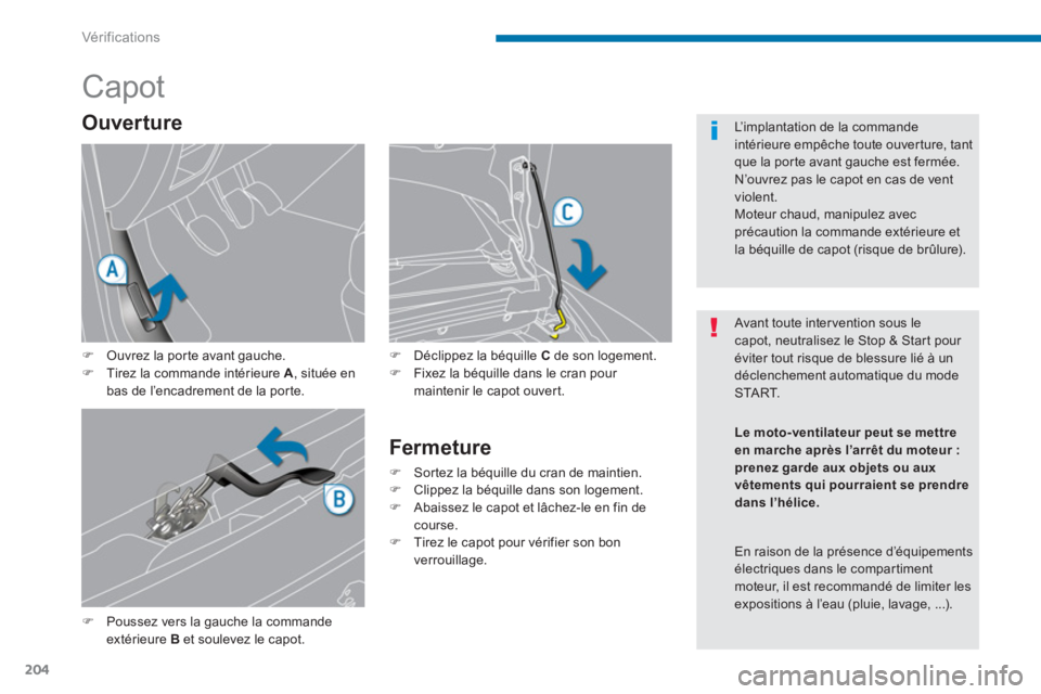 PEUGEOT 5008 2014  Manuel du propriétaire (in French) Vér if ic ations
204
   
 
 
 
 
 
 
 
 
 
 
Capot 
 
 
�) 
  Poussez vers la gauche la commande 
extérieure  B 
 et soulevez le capot.    
�) 
  Déclippez la béquille  C 
 de son logement. 
   
�