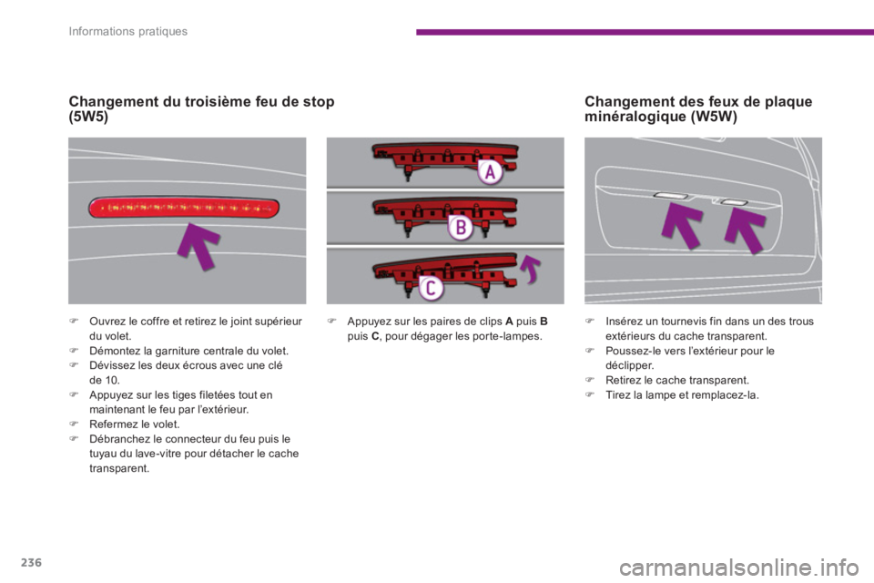 PEUGEOT 5008 2014  Manuel du propriétaire (in French) Informations pratiques
236
   
 
 
�) 
  Appuyez sur les paires de clips  A 
 puis  B 
 
puis  C 
, pour dégager les porte-lampes.  
 
     
 
�) 
  Ouvrez le coffre et retirez le joint supérieur 
d