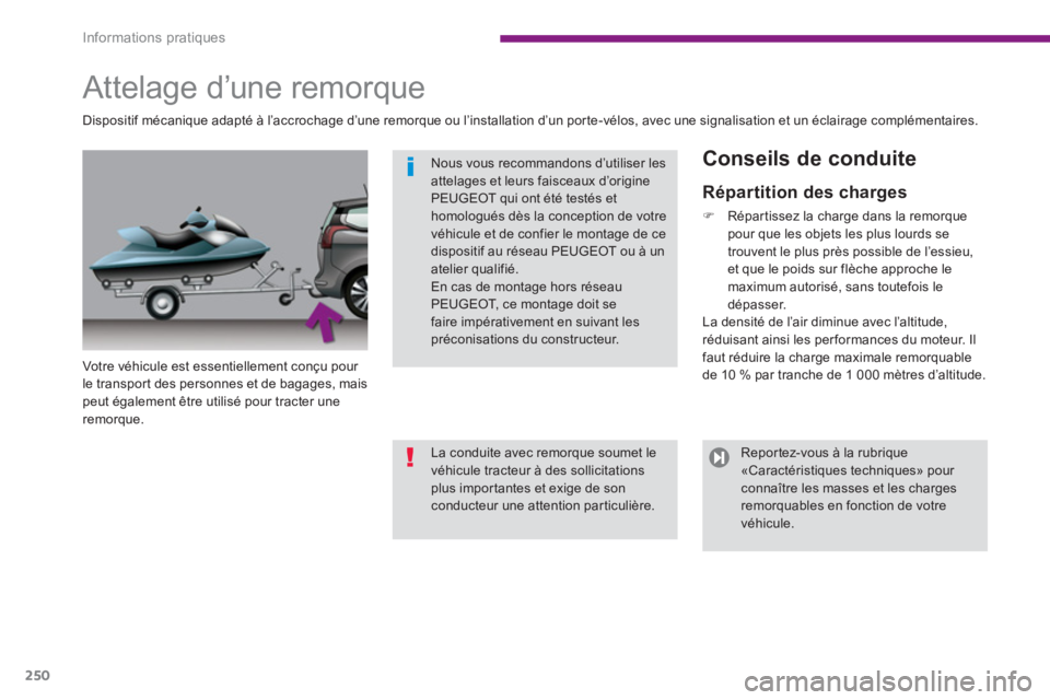 PEUGEOT 5008 2014  Manuel du propriétaire (in French) Informations pratiques
250
   
 
 
 
 
 
 
 
Attelage d’une remorque  
 
 
Votre véhicule est essentiellement conçu pour 
le transport des personnes et de bagages, mais 
peut également être util