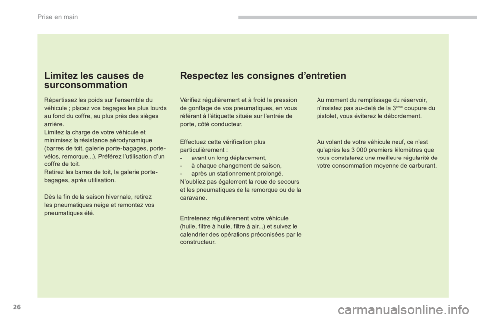 PEUGEOT 5008 2014  Manuel du propriétaire (in French) Prise en main
26
   
Limitez les causes de 
surconsommation 
   
Répartissez les poids sur l’ensemble du 
véhicule ; placez vos bagages les plus lourds 
au fond du coffre, au plus près des siège