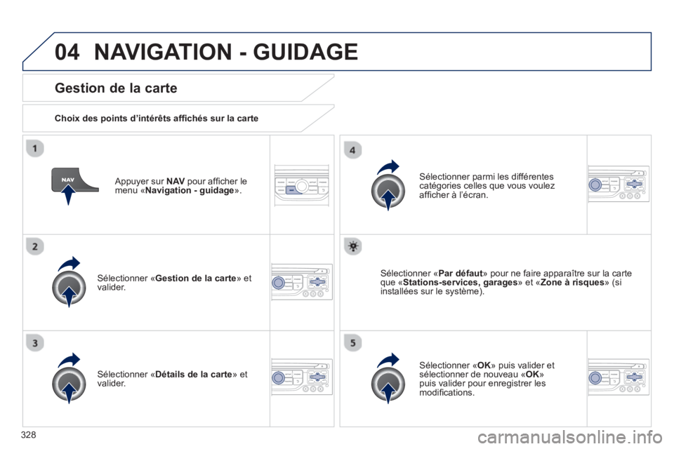 PEUGEOT 5008 2014 Manuel du propriétaire (in French) 328
04
Appuyer sur NAV
pour affi cher le
menu « Navigation - guidage
».
Gestion de la carte
Choix des points d’intérêts affi chés sur la carte
Sélectionner « Gesti PEUGEOT 5008 2014 Manuel du propriétaire (in French) 328
04
Appuyer sur NAV
pour affi cher le
menu « Navigation - guidage
».
Gestion de la carte
Choix des points d’intérêts affi chés sur la carte
Sélectionner « Gesti