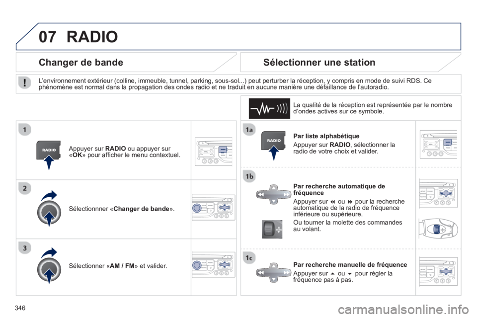 PEUGEOT 5008 2014  Manuel du propriétaire (in French) 346
07
   
Par liste alphabétique 
  Appuyer sur  RADIO 
, sélectionner la 
radio de votre choix et valider.  
   
Par recherche automatique de 
fréquence 
  Appuyer sur  � 
 ou  � 
 pour la rech