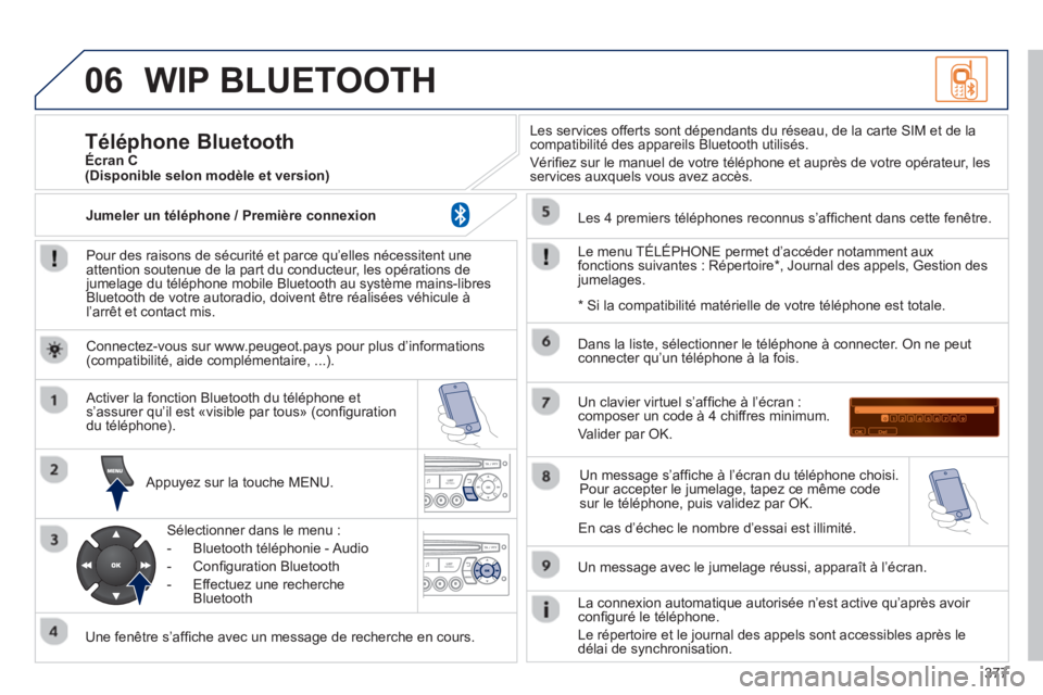 PEUGEOT 5008 2014 Manuel du propriétaire (in French) 377
06 WIP BLUETOOTH
Pour des raisons de sécurité et parce qu’elles nécessitent une
attention soutenue de la part du conducteur, les opérations de
jumelage du téléphone mobile Bluetoot PEUGEOT 5008 2014 Manuel du propriétaire (in French) 377
06 WIP BLUETOOTH
Pour des raisons de sécurité et parce qu’elles nécessitent une
attention soutenue de la part du conducteur, les opérations de
jumelage du téléphone mobile Bluetoot