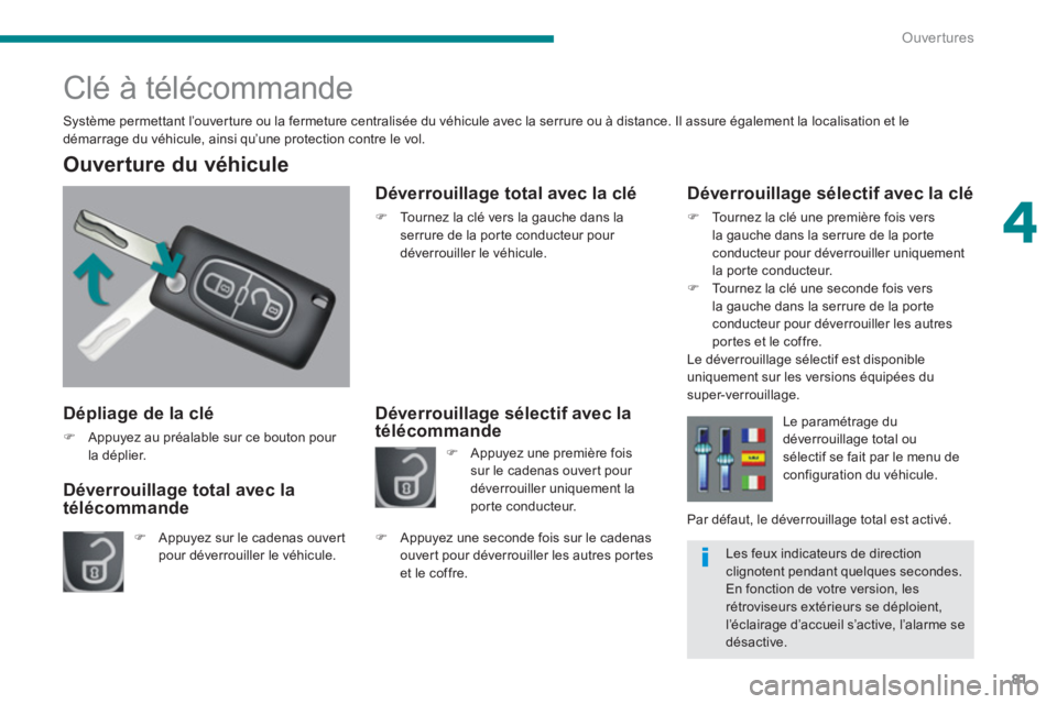 PEUGEOT 5008 2014  Manuel du propriétaire (in French) 4
Ouvertures
81
   
Dépliage de la clé 
 
 
 
�) 
  Appuyez au préalable sur ce bouton pour 
la déplier.  
 
 
 
Ouver ture du véhicule 
 
 
 
�) 
  Appuyez sur le cadenas ouvert 
pour déverroui