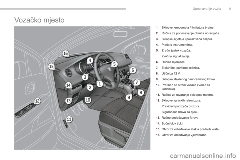 PEUGEOT 5008 2014 Upute Za Rukovanje (in Croatian) .Upoznavanje vozila
9
Voz ačko mjesto
1.
Sklopke tempomata / limitatora brzine.
2.
Ručica za podešavanje obruča upravljača.
3.
Sklopke svjetala i pokazivača smjera. PEUGEOT 5008 2014 Upute Za Rukovanje (in Croatian) .Upoznavanje vozila
9
Voz ačko mjesto
1.
Sklopke tempomata / limitatora brzine.
2.
Ručica za podešavanje obruča upravljača.
3.
Sklopke svjetala i pokazivača smjera.