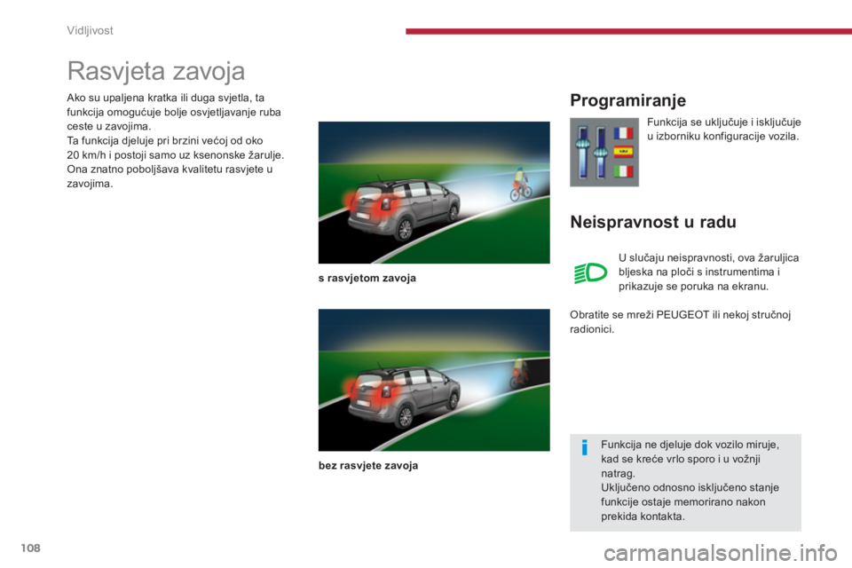 PEUGEOT 5008 2014  Upute Za Rukovanje (in Croatian) Vidljivost
108
   
 
 
 
 
 
 
Rasvjeta zavoja 
 
 
s rasvjetom zavoja 
 
   
bez rasvjete zavoja 
 
 
 
Programiranje 
   
Neispravnost u radu 
 
Funkcija se uključuje i isključuje 
u izborniku kon