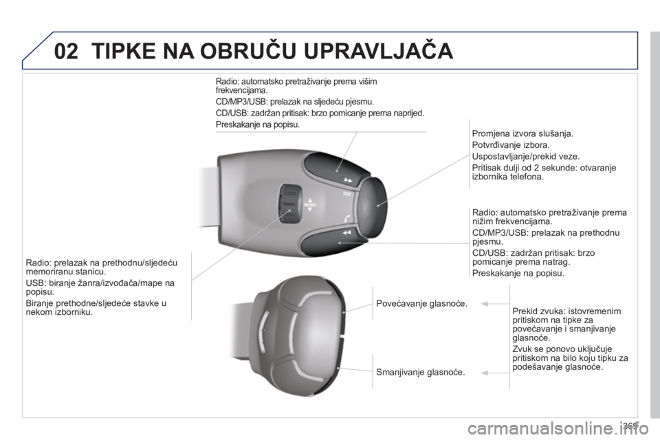 PEUGEOT 5008 2014 Upute Za Rukovanje (in Croatian) 369
02 TIPKE NA OBRUČU UPRAVLJAČA
Radio: automatsko pretraživanje prema višim
frekvencijama.
CD/MP3/USB: prelazak na sljedeću pjesmu.
CD/USB: zadržan pritisak: brzo pomicanje prema PEUGEOT 5008 2014 Upute Za Rukovanje (in Croatian) 369
02 TIPKE NA OBRUČU UPRAVLJAČA
Radio: automatsko pretraživanje prema višim
frekvencijama.
CD/MP3/USB: prelazak na sljedeću pjesmu.
CD/USB: zadržan pritisak: brzo pomicanje prema
