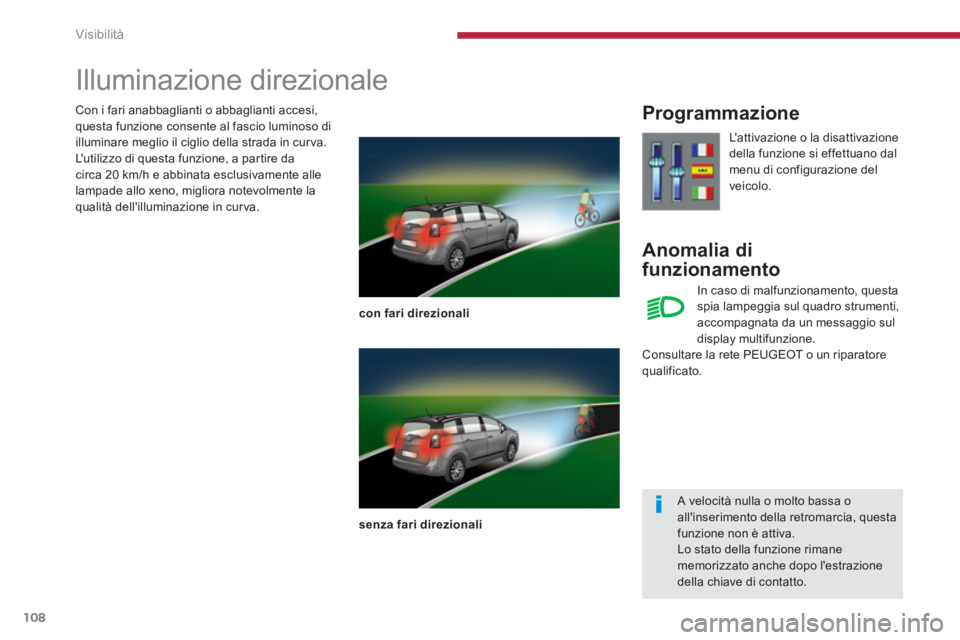 PEUGEOT 5008 2014  Manuale duso (in Italian) Visibilità
108
   
 
 
 
 
 
 
Illuminazione direzionale 
 
 
con fari direzionali 
 
   
senza fari direzionali 
 
 
 
Programmazione 
   
Anomalia di 
funzionamento 
  Lattivazione o la disattivaz