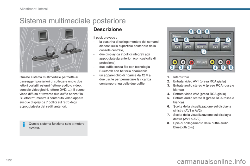 PEUGEOT 5008 2014  Manuale duso (in Italian) Allestimenti interni
122
   
 
 
 
 
Sistema multimediale posteriore 
 
 
Questo sistema multimediale permette ai 
passeggeri posteriori di collegare uno o due 
lettori portatili esterni (lettore audi