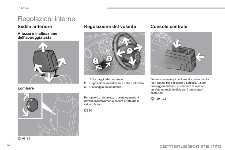 PEUGEOT 5008 2014  Manuale duso (in Italian) 68, 69
80
119, 122
In breve
12
  Regolazioni interne 
 
 
Sedile anteriore 
 
 
Altezza e inclinazione 
dellappoggiatesta  
   
Lombare  
 
 
 
Regolazione del volante 
 
 
 
1. 
  Sbloccaggio del co