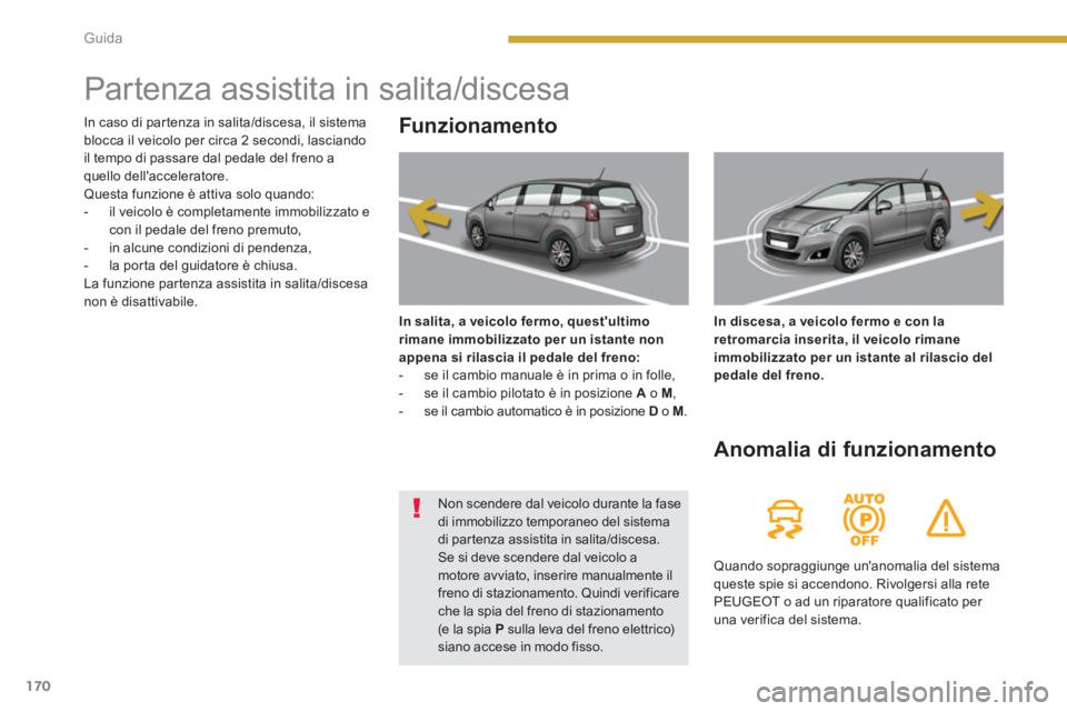 PEUGEOT 5008 2014 Manuale duso (in Italian) Guida
170
Partenza assistita in salita/discesa
Funzionamento
In salita, a veicolo fermo, questultimo
rimane immobilizzato per un istante non
appena si rilasc PEUGEOT 5008 2014 Manuale duso (in Italian) Guida
170
Partenza assistita in salita/discesa
Funzionamento
In salita, a veicolo fermo, questultimo
rimane immobilizzato per un istante non
appena si rilasc