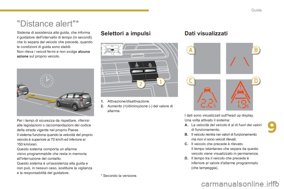 PEUGEOT 5008 2014  Manuale duso (in Italian) 9
Guida
175
   
"Distance alert"  
 
 
 
 
* 
 
Per i tempi di sicurezza da rispettare, riferirsi 
alle legislazioni o raccomandazioni del codice 
della strada vigente nel proprio Paese. 
  Il sistema