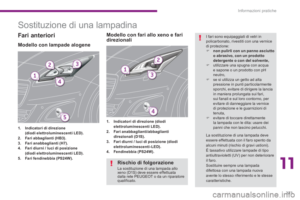 PEUGEOT 5008 2014  Manuale duso (in Italian) 11
Informazioni pratiche
231
   
 
 
 
 
 
 
 
 
 
 
Sostituzione di una lampadina 
 
 
 
 
 
 
 
 
 
 
 
 
 
 
 
 
 
 
 
 
 
 
 
 
Modello con lampade alogene 
 
 
 
1. 
  Indicatori di direzione 
  