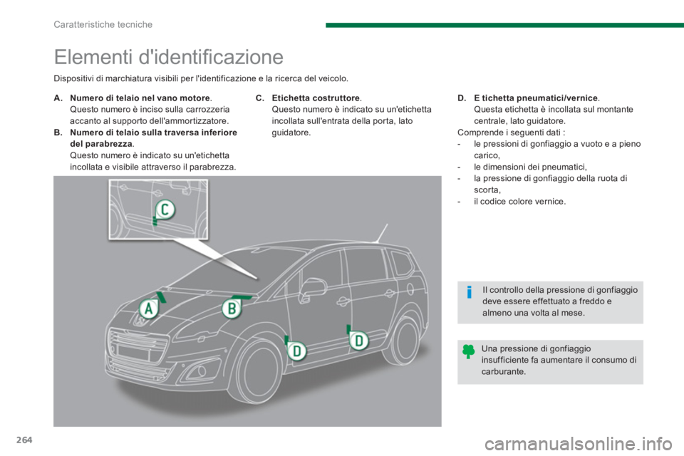 PEUGEOT 5008 2014  Manuale duso (in Italian) Caratteristiche tecniche
264
   
 
 
 
 
 
 
 
 
 
 
 
 
 
 
 
 
 
 
 
 
 
 
Elementi didentiﬁ cazione 
 
 
 
 
A. 
  Numero di telaio nel vano motore 
.  
  Questo numero è inciso sulla carrozzer