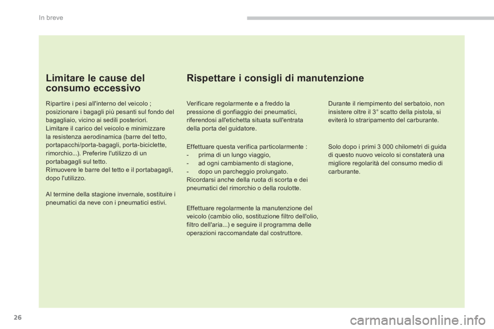 PEUGEOT 5008 2014  Manuale duso (in Italian) In breve
26
   
Limitare le cause del 
consumo eccessivo 
   
Ripartire i pesi allinterno del veicolo ; 
posizionare i bagagli più pesanti sul fondo del 
bagagliaio, vicino ai sedili posteriori. 
  