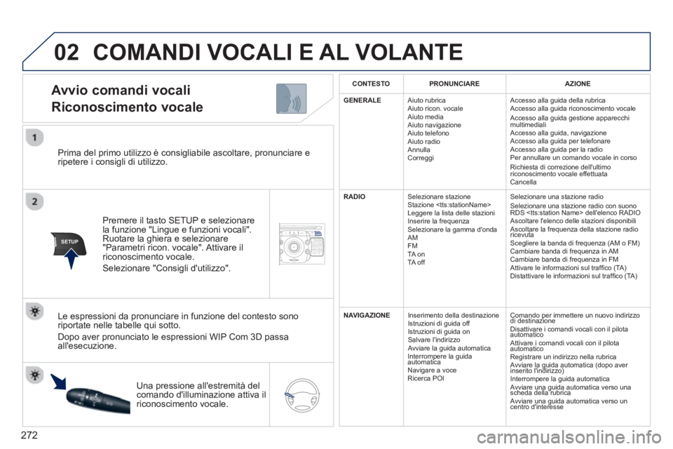PEUGEOT 5008 2014  Manuale duso (in Italian) 272
02
SETUP2ABC3DEF5JKL4GHI6MNO8TUV7PQRS9WXYZ0*#
1NAV TRAFFICADDR
BOOKSETUP
   
Prima del primo utilizzo è consigliabile ascoltare, pronunciare e 
ripetere i consigli di utilizzo.  
   
Premere il t