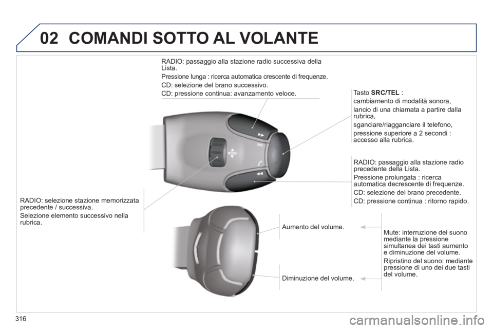 PEUGEOT 5008 2014 Manuale duso (in Italian) 316
02
RADIO: selezione stazione memorizzata
precedente / successiva.
Selezione elemento successivo nella
rubrica.
Tasto SRC/TEL
:
cambiamento di modalità sonora,
lancio di u PEUGEOT 5008 2014 Manuale duso (in Italian) 316
02
RADIO: selezione stazione memorizzata
precedente / successiva.
Selezione elemento successivo nella
rubrica.
Tasto SRC/TEL
:
cambiamento di modalità sonora,
lancio di u