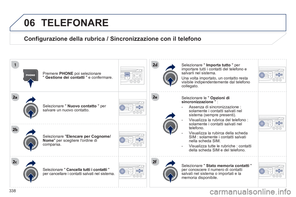 PEUGEOT 5008 2014 Manuale duso (in Italian) 338
06 TELEFONARE
Configurazione della rubrica / Sincronizzazione con il telefono
Premere PHONE
poi selezionare
" Gestione dei contatti
" e confermare.
Selezionare " Nuovo con PEUGEOT 5008 2014 Manuale duso (in Italian) 338
06 TELEFONARE
Configurazione della rubrica / Sincronizzazione con il telefono
Premere PHONE
poi selezionare
" Gestione dei contatti
" e confermare.
Selezionare " Nuovo con