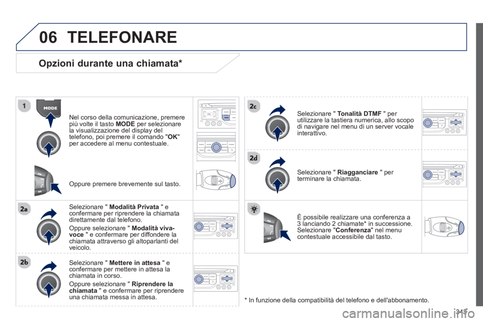 PEUGEOT 5008 2014 Manuale duso (in Italian) 343
06
Opzioni durante una chiamata *
Nel corso della comunicazione, premere
più volte il tasto MODE
per selezionare
la visualizzazione del display del
telefono, poi premere il comand PEUGEOT 5008 2014 Manuale duso (in Italian) 343
06
Opzioni durante una chiamata *
Nel corso della comunicazione, premere
più volte il tasto MODE
per selezionare
la visualizzazione del display del
telefono, poi premere il comand
