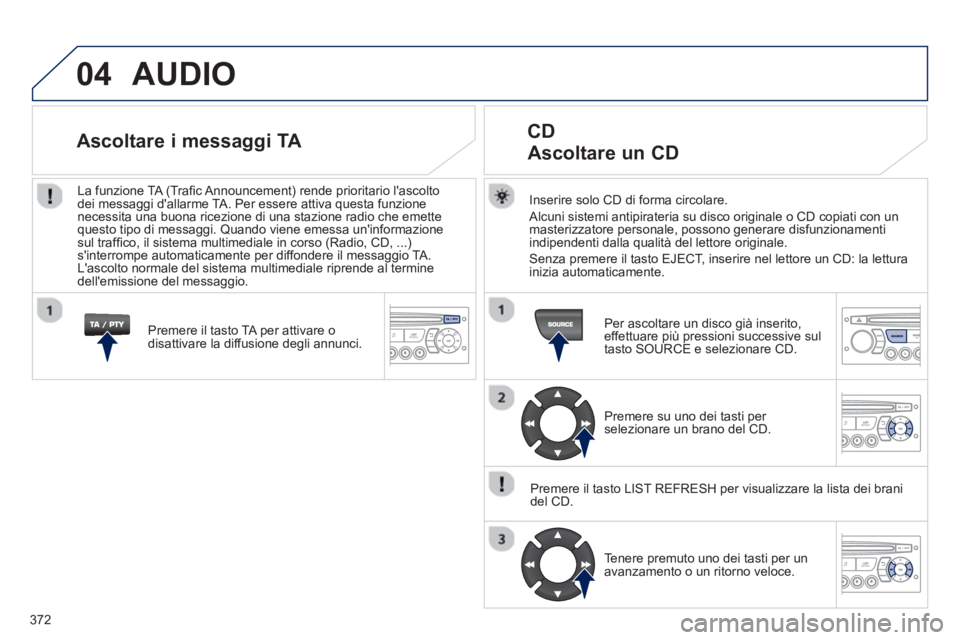 PEUGEOT 5008 2014 Manuale duso (in Italian) 372
04 AUDIO
Inserire solo CD di forma circolare.
Alcuni sistemi antipirateria su disco originale o CD copiati con un
masterizzatore personale, possono generare disfunzionamenti
indipendent PEUGEOT 5008 2014 Manuale duso (in Italian) 372
04 AUDIO
Inserire solo CD di forma circolare.
Alcuni sistemi antipirateria su disco originale o CD copiati con un
masterizzatore personale, possono generare disfunzionamenti
indipendent