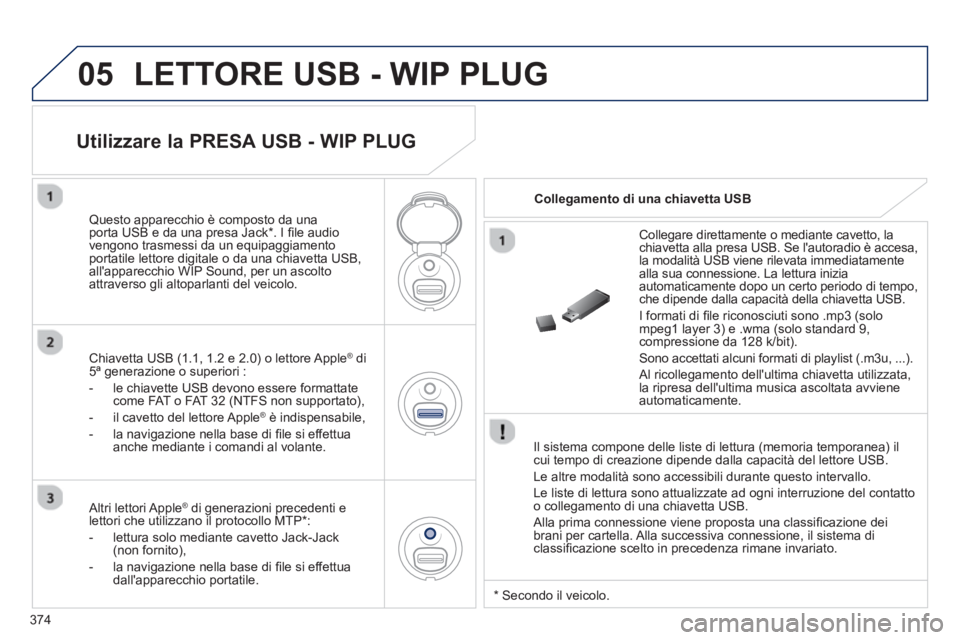 PEUGEOT 5008 2014 Manuale duso (in Italian) 374
05 LETTORE USB - WIP PLUG
Il sistema compone delle liste di lettura (memoria temporanea) il
cui tempo di creazione dipende dalla capacità del lettore USB.
Le altre modalità sono access PEUGEOT 5008 2014 Manuale duso (in Italian) 374
05 LETTORE USB - WIP PLUG
Il sistema compone delle liste di lettura (memoria temporanea) il
cui tempo di creazione dipende dalla capacità del lettore USB.
Le altre modalità sono access