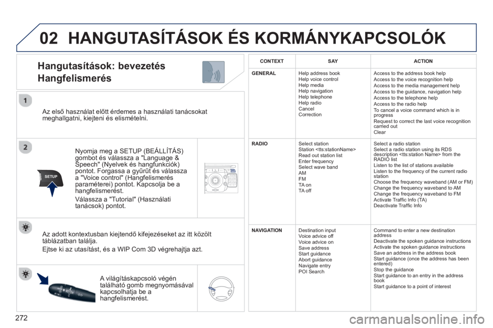 PEUGEOT 5008 2014 Kezelési útmutató (in Hungarian) 272
02
SETUP2ABC3DEF5JKL4GHI6MNO8TUV7PQRS9WXYZ0*#
1NAV TRAFFICADDR
BOOKSETUP
Az első használat előtt érdemes a használati tanácsokat
meghallgatni, kiejteni és elismételni.
Nyomja me PEUGEOT 5008 2014 Kezelési útmutató (in Hungarian) 272
02
SETUP2ABC3DEF5JKL4GHI6MNO8TUV7PQRS9WXYZ0*#
1NAV TRAFFICADDR
BOOKSETUP
Az első használat előtt érdemes a használati tanácsokat
meghallgatni, kiejteni és elismételni.
Nyomja me