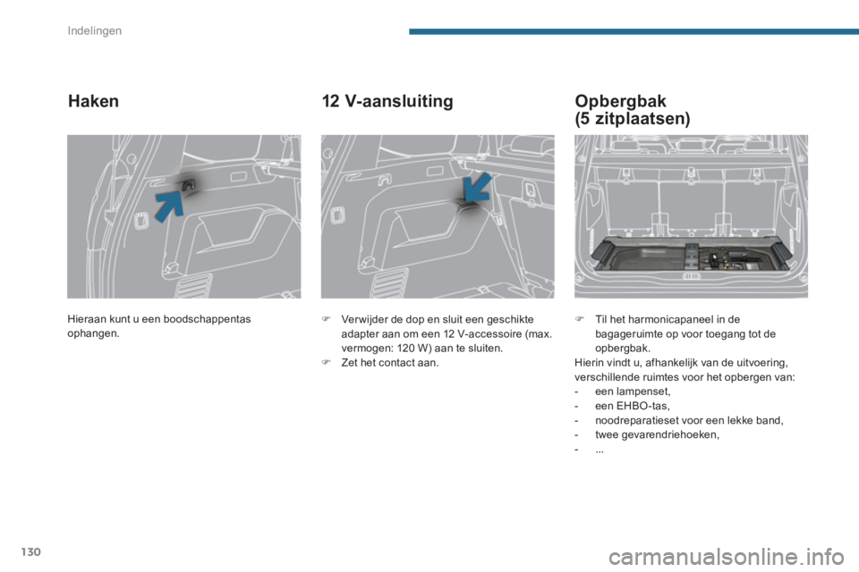 PEUGEOT 5008 2014  Instructieboekje (in Dutch) Indelingen
130
  Hieraan kunt u een boodschappentas 
ophangen.  
 
 
 
 
 
 
 
Haken 
 
 
 
�) 
  Ver wijder de dop en sluit een geschikte 
adapter aan om een 12 V-accessoire (max. 
vermogen: 120 W) a