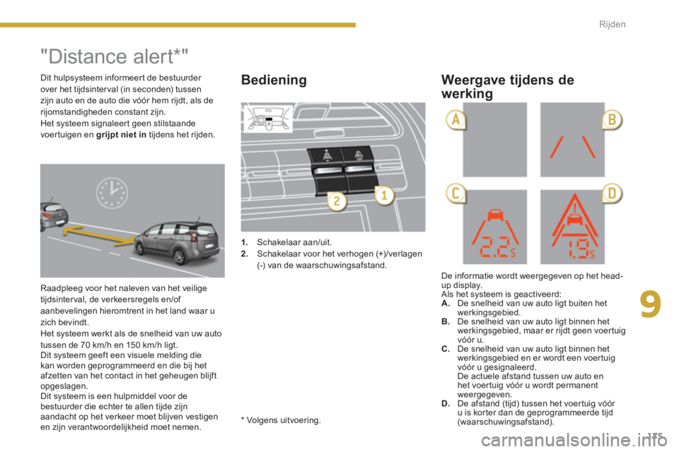 PEUGEOT 5008 2014  Instructieboekje (in Dutch) 9
Rijden
175
   
 
 
 
 
 
 
"Distance alert*" 
 
Raadpleeg voor het naleven van het veilige 
tijdsinterval, de verkeersregels en/of 
aanbevelingen hieromtrent in het land waar u 
zich bevindt. 
  Het