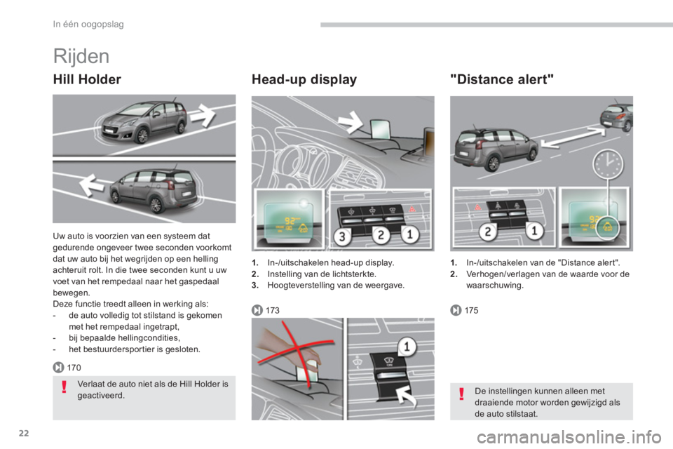 PEUGEOT 5008 2014  Instructieboekje (in Dutch) 170
173175
In één oogopslag
22
  Uw auto is voorzien van een systeem dat 
gedurende ongeveer twee seconden voorkomt 
dat uw auto bij het wegrijden op een helling 
achteruit rolt. In die twee seconde