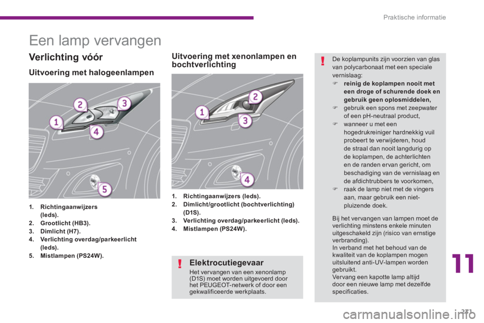PEUGEOT 5008 2014  Instructieboekje (in Dutch) 11
Praktische informatie
231
   
 
 
 
 
 
 
 
 
 
Een lamp vervangen 
 
 
 
 
 
 
 
 
 
 
 
 
 
 
 
 
 
 
 
 
 
 
 
 
Uitvoering met halogeenlampen 
 
 
 
1. 
  Richtingaanwijzers 
   
    
 
(leds).