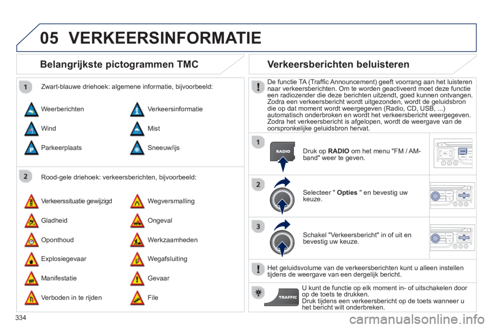 PEUGEOT 5008 2014 Instructieboekje (in Dutch) 334
05
Belangrijkste pictogrammen TMC
Rood-gele driehoek: verkeersberichten, bijvoorbeeld:
Zwart-blauwe driehoek: algemene informatie, bijvoorbeeld:
Weerberichten
Verkeer PEUGEOT 5008 2014 Instructieboekje (in Dutch) 334
05
Belangrijkste pictogrammen TMC
Rood-gele driehoek: verkeersberichten, bijvoorbeeld:
Zwart-blauwe driehoek: algemene informatie, bijvoorbeeld:
Weerberichten
Verkeer