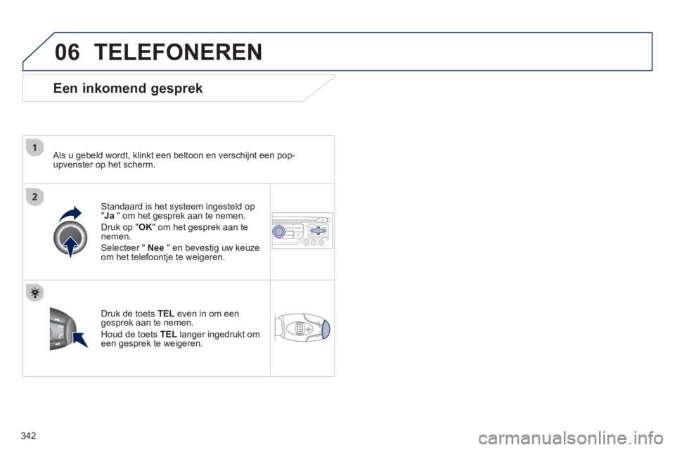 PEUGEOT 5008 2014 Instructieboekje (in Dutch) 342
06 TELEFONEREN
Een inkomend gesprek
Als u gebeld wordt, klinkt een beltoon en verschijnt een pop-
upvenster op het scherm.
Standaard is het systeem ingesteld op
" Ja
" om het g PEUGEOT 5008 2014 Instructieboekje (in Dutch) 342
06 TELEFONEREN
Een inkomend gesprek
Als u gebeld wordt, klinkt een beltoon en verschijnt een pop-
upvenster op het scherm.
Standaard is het systeem ingesteld op
" Ja
" om het g