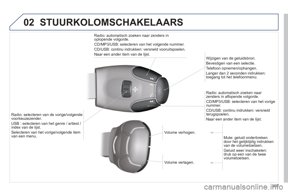 PEUGEOT 5008 2014 Instructieboekje (in Dutch) 369
02 STUURKOLOMSCHAKELAARS
Radio: automatisch zoeken naar zenders in
oplopende volgorde.
CD/MP3/USB: selecteren van het volgende nummer.
CD/USB: continu indrukken: versneld vooruitspoel PEUGEOT 5008 2014 Instructieboekje (in Dutch) 369
02 STUURKOLOMSCHAKELAARS
Radio: automatisch zoeken naar zenders in
oplopende volgorde.
CD/MP3/USB: selecteren van het volgende nummer.
CD/USB: continu indrukken: versneld vooruitspoel