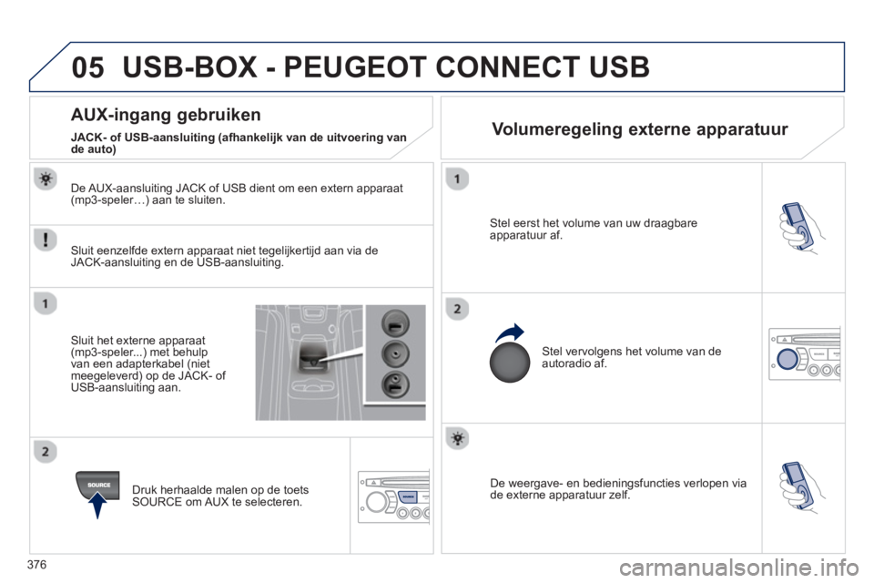 PEUGEOT 5008 2014 Instructieboekje (in Dutch) 376
05
De weergave- en bedieningsfuncties verlopen via
de externe apparatuur zelf.
Stel eerst het volume van uw draagbare
apparatuur af.
Stel vervolgens het volume van de
autoradi PEUGEOT 5008 2014 Instructieboekje (in Dutch) 376
05
De weergave- en bedieningsfuncties verlopen via
de externe apparatuur zelf.
Stel eerst het volume van uw draagbare
apparatuur af.
Stel vervolgens het volume van de
autoradi