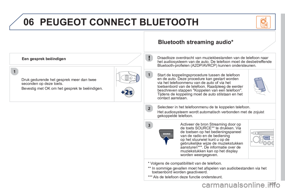 PEUGEOT 5008 2014 Instructieboekje (in Dutch) 379
06
Start de koppelingsprocedure tussen de telefoon
en de auto. Deze procedure kan gestart worden
via het telefoonmenu van de auto of via het
toetsenbord van de telefoon. Raadpleeg de eerder PEUGEOT 5008 2014 Instructieboekje (in Dutch) 379
06
Start de koppelingsprocedure tussen de telefoon
en de auto. Deze procedure kan gestart worden
via het telefoonmenu van de auto of via het
toetsenbord van de telefoon. Raadpleeg de eerder