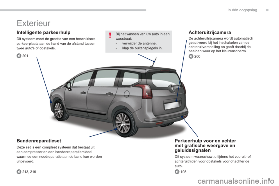 PEUGEOT 5008 2014 Instructieboekje (in Dutch) .
201
213, 219198
200
In één oogopslag
5
Exterieur
Parkeerhulp voor en achter
met grafi sche weergave en
geluidssignalen
Dit systeem waarschuwt u tijdens het vooruit- of
achteruitrijd PEUGEOT 5008 2014 Instructieboekje (in Dutch) .
201
213, 219198
200
In één oogopslag
5
Exterieur
Parkeerhulp voor en achter
met grafi sche weergave en
geluidssignalen
Dit systeem waarschuwt u tijdens het vooruit- of
achteruitrijd