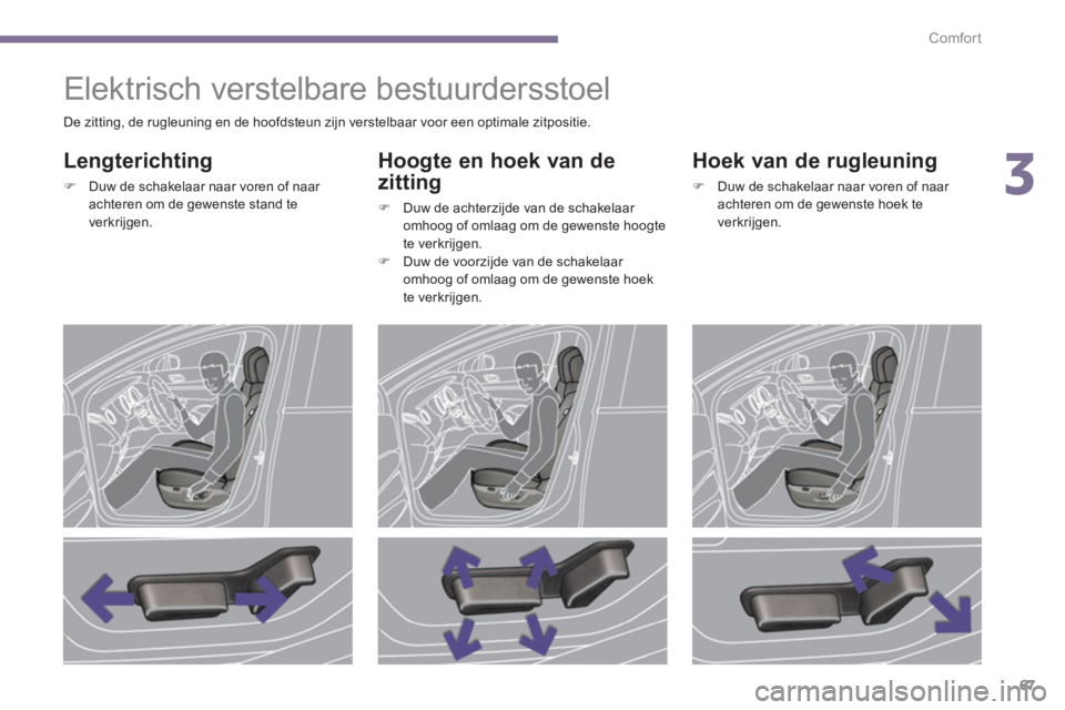PEUGEOT 5008 2014  Instructieboekje (in Dutch) 3
Comfort
67
   
 
 
 
 
 
 
 
 
 
 
Elektrisch verstelbare bestuurdersstoel 
 
 
Lengterichting 
 
 
 
�) 
  Duw de schakelaar naar voren of naar 
achteren om de gewenste stand te 
verkrijgen.  
 
 
