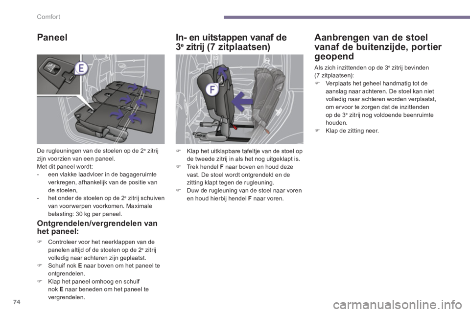 PEUGEOT 5008 2014  Instructieboekje (in Dutch) Comfort
74
   
 
 
 
 
 
 
 
 
 
 
 
 
 
 
Paneel 
 
De rugleuningen van de stoelen op de 2e zitrij 
zijn voorzien van een paneel. 
  Met dit paneel wordt: 
   
 
-   een vlakke laadvloer in de bagage