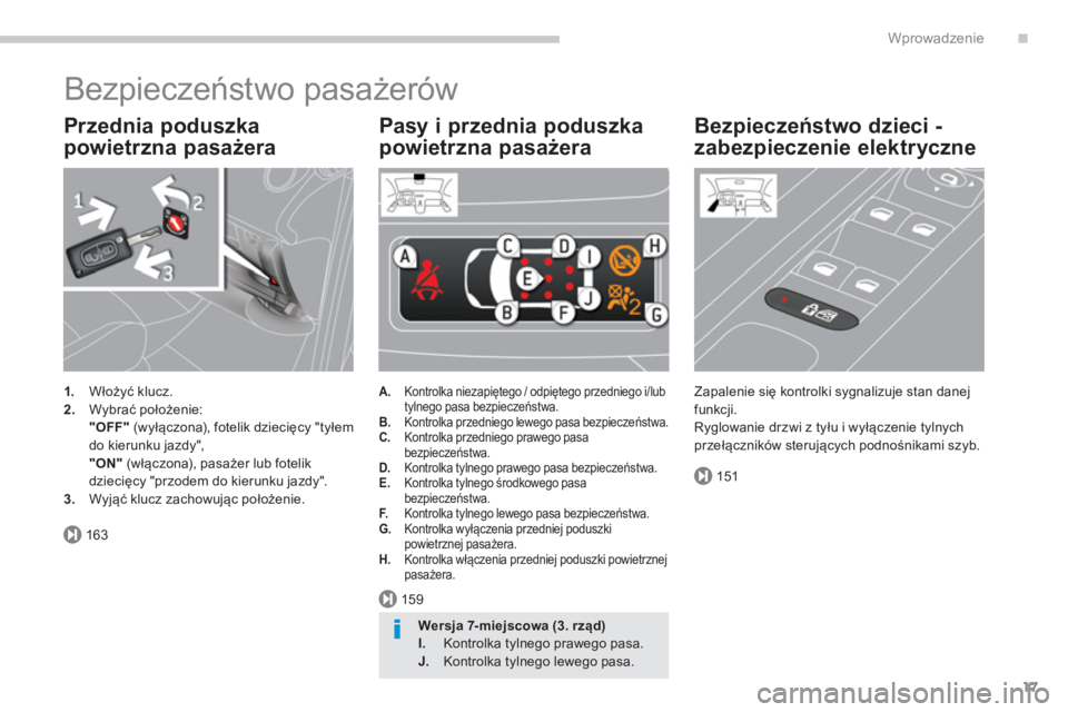 PEUGEOT 5008 2014  Instrukcja obsługi (in Polish) .
163
159
151
Wprowadzenie
17
  Bezpieczeństwo pasażerów 
 
 
Przednia poduszka 
powietrzna pasażera 
 
 
 
1. 
 Włożyć klucz. 
   
2. 
 Wybrać położenie:  
    "OFF" 
 (wyłączona), foteli