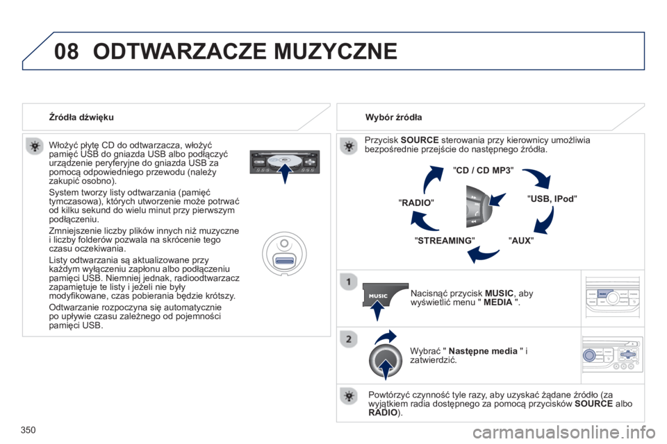 PEUGEOT 5008 2014 Instrukcja obsługi (in Polish) 350
08
Włożyć płytę CD do odtwarzacza, włożyć
pamięć USB do gniazda USB albo podłączyć
urządzenie peryferyjne do gniazda USB za
pomocą odpowiedniego przewodu (należy
zakupić o PEUGEOT 5008 2014 Instrukcja obsługi (in Polish) 350
08
Włożyć płytę CD do odtwarzacza, włożyć
pamięć USB do gniazda USB albo podłączyć
urządzenie peryferyjne do gniazda USB za
pomocą odpowiedniego przewodu (należy
zakupić o