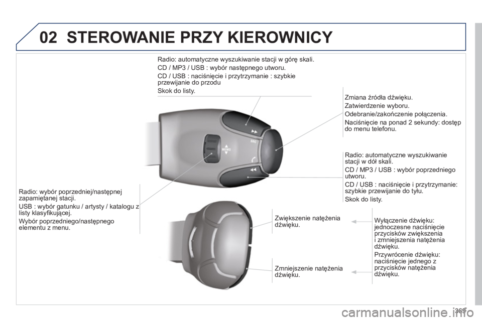 PEUGEOT 5008 2014 Instrukcja obsługi (in Polish) 369
02 STEROWANIE PRZY KIEROWNICY
Radio: automatyczne wyszukiwanie stacji w górę skali.
CD / MP3 / USB : wybór następnego utworu.
CD / USB : naciśnięcie i przytrzymanie : szybkie
pr PEUGEOT 5008 2014 Instrukcja obsługi (in Polish) 369
02 STEROWANIE PRZY KIEROWNICY
Radio: automatyczne wyszukiwanie stacji w górę skali.
CD / MP3 / USB : wybór następnego utworu.
CD / USB : naciśnięcie i przytrzymanie : szybkie
pr