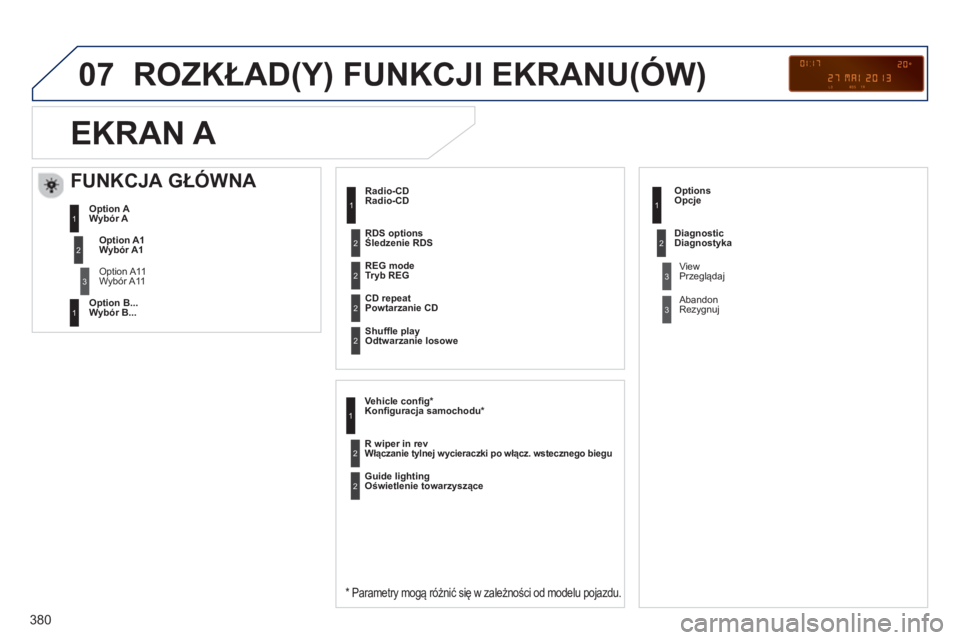 PEUGEOT 5008 2014 Instrukcja obsługi (in Polish) 380
07 ROZKŁAD(Y) FUNKCJI EKRANU(ÓW)
Radio-CD
*
Parametry mogą różnić się w zależności od modelu pojazdu.
Tryb REG
Powtarzanie CD
Odtwarzanie losowe
PEUGEOT 5008 2014 Instrukcja obsługi (in Polish) 380
07 ROZKŁAD(Y) FUNKCJI EKRANU(ÓW)
Radio-CD
*
Parametry mogą różnić się w zależności od modelu pojazdu.
Tryb REG
Powtarzanie CD
Odtwarzanie losowe