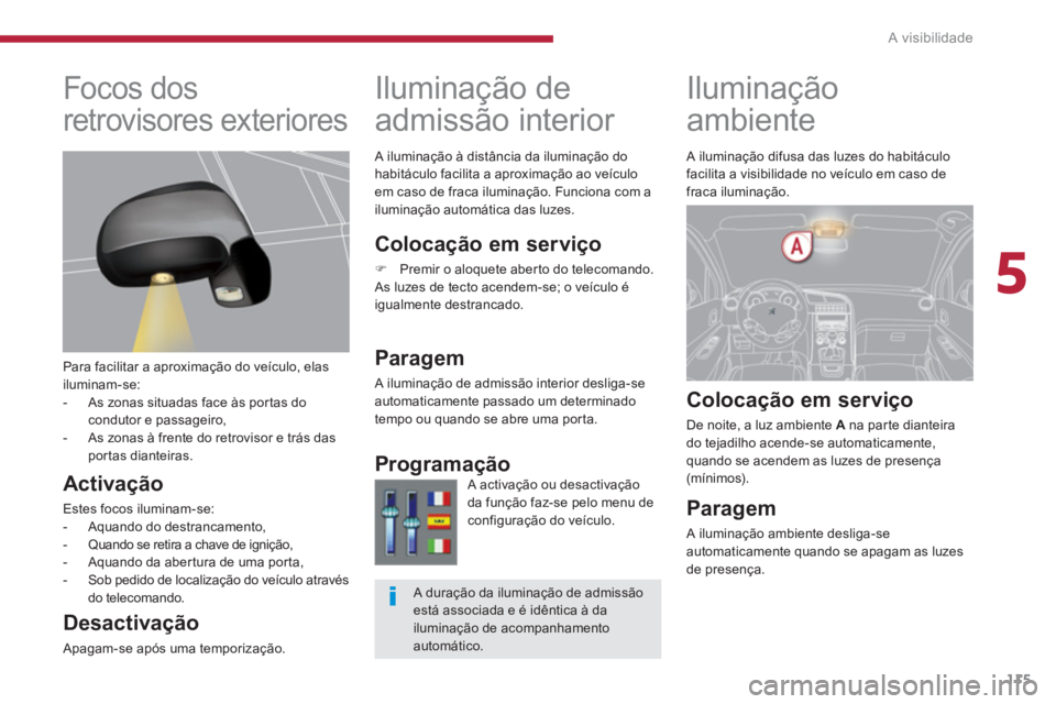 PEUGEOT 5008 2014 Manual de utilização (in Portuguese) 5
A visibilidade
115
Iluminação
ambiente
Colocação em serviço
De noite, a luz ambiente A
na parte dianteira
do tejadilho acende-se automaticamente,
quando se acend PEUGEOT 5008 2014 Manual de utilização (in Portuguese) 5
A visibilidade
115
Iluminação
ambiente
Colocação em serviço
De noite, a luz ambiente A
na parte dianteira
do tejadilho acende-se automaticamente,
quando se acend