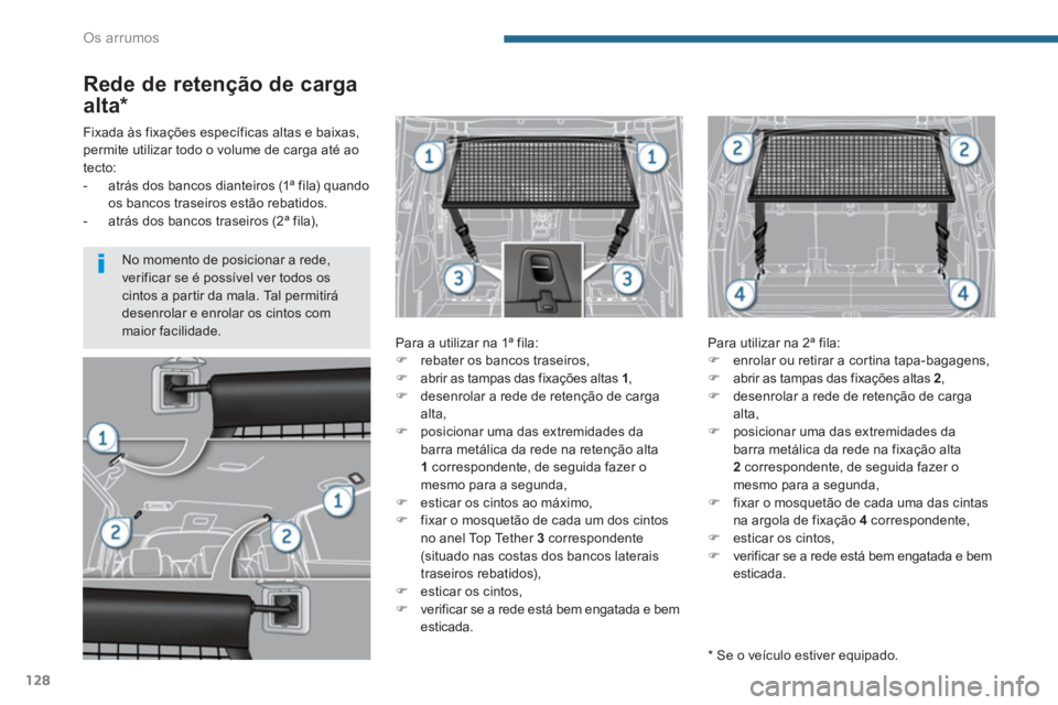 PEUGEOT 5008 2014  Manual de utilização (in Portuguese) Os arrumos
128
   
Rede de retenção de carga 
alta  
 
 
 
 
*  
 
 
Para a utilizar na 1ª fila: 
   
 
�) 
  rebater os bancos traseiros, 
   
�) 
  abrir as tampas das fixações altas  1 
, 
   