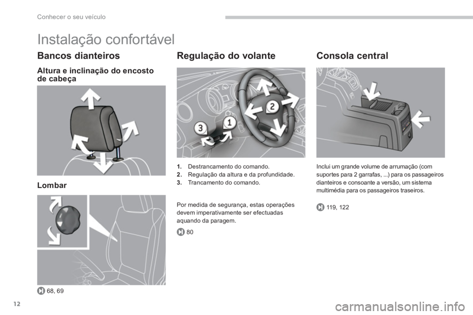 PEUGEOT 5008 2014 Manual de utilização (in Portuguese) 68, 69
80
119, 122
Conhecer o seu veículo
12
Instalação confortável
Bancos dianteiros
Altura e inclinação do encosto
de cabeça
Lombar
Regulação do volante
1. PEUGEOT 5008 2014 Manual de utilização (in Portuguese) 68, 69
80
119, 122
Conhecer o seu veículo
12
Instalação confortável
Bancos dianteiros
Altura e inclinação do encosto
de cabeça
Lombar
Regulação do volante
1.