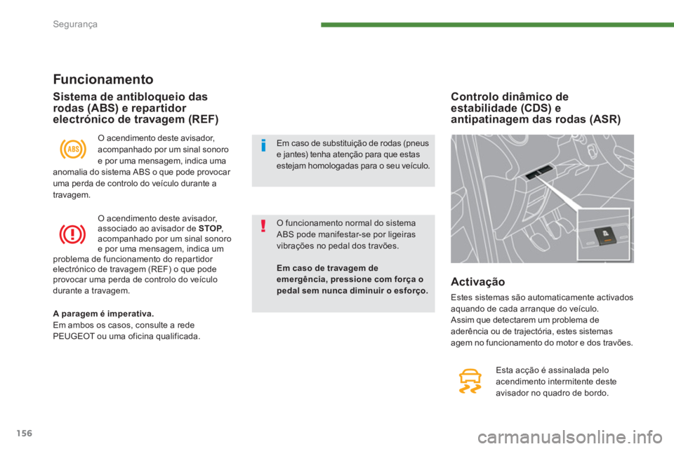 PEUGEOT 5008 2014  Manual de utilização (in Portuguese) Segurança
156
   
Funcionamento 
 
O acendimento deste avisador, 
acompanhado por um sinal sonoro 
e por uma mensagem, indica uma 
anomalia do sistema ABS o que pode provocar 
uma perda de controlo d