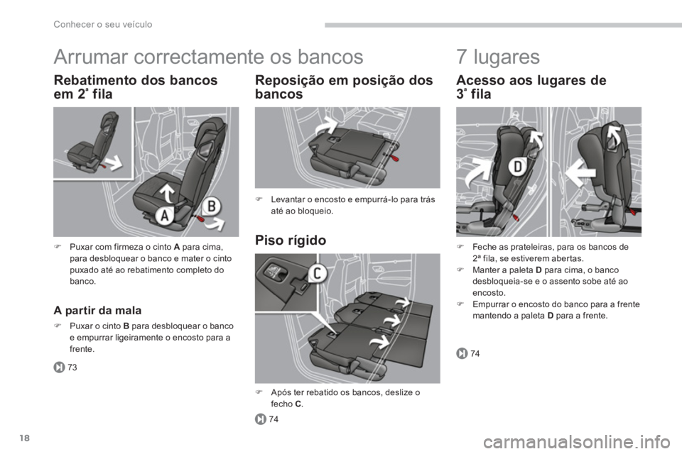 PEUGEOT 5008 2014  Manual de utilização (in Portuguese) 73
74
74
Conhecer o seu veículo
18
  Arrumar correctamente os bancos 
 
 
Piso rígido     
Reposição em posição dos 
bancos 
   
 
�) 
  Levantar o encosto e empurrá-lo para trás 
até ao bloq