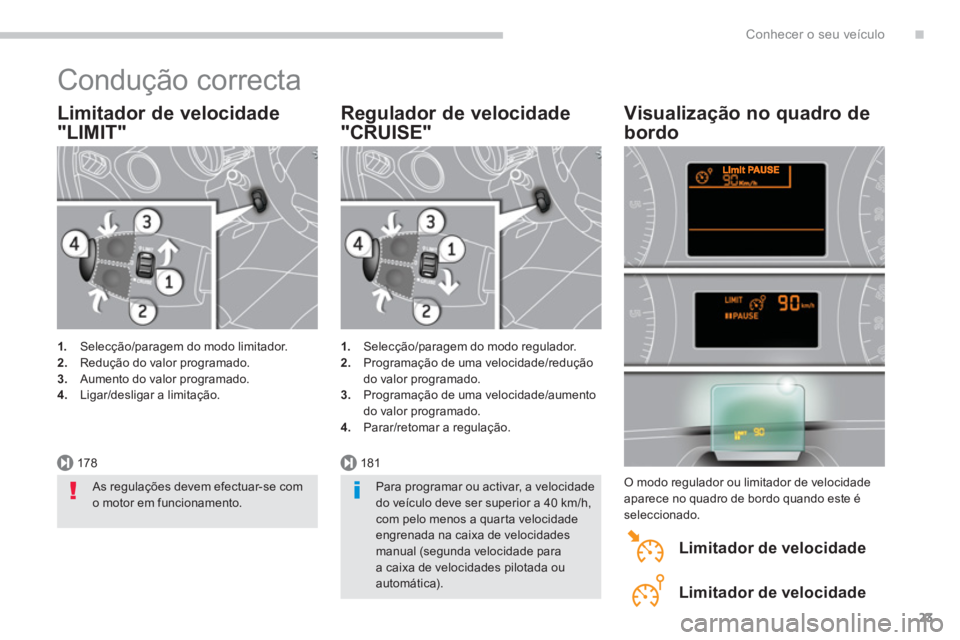 PEUGEOT 5008 2014  Manual de utilização (in Portuguese) .
178181
Conhecer o seu veículo
23
  Condução correcta 
 
 
Limitador de velocidade 
"LIMIT" 
   
 
1. 
  Selecção/paragem do modo limitador. 
   
2. 
  Redução do valor programado. 
   
3. 
  